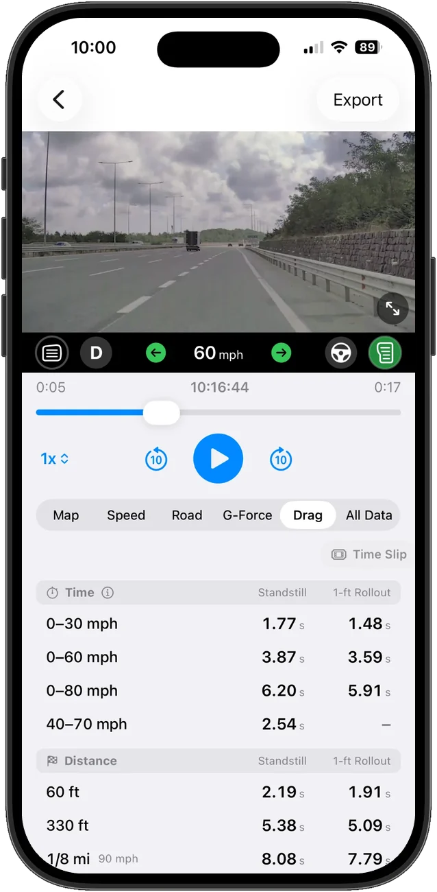 Drag tab listing the acceleration runs found in a clip, each with its time