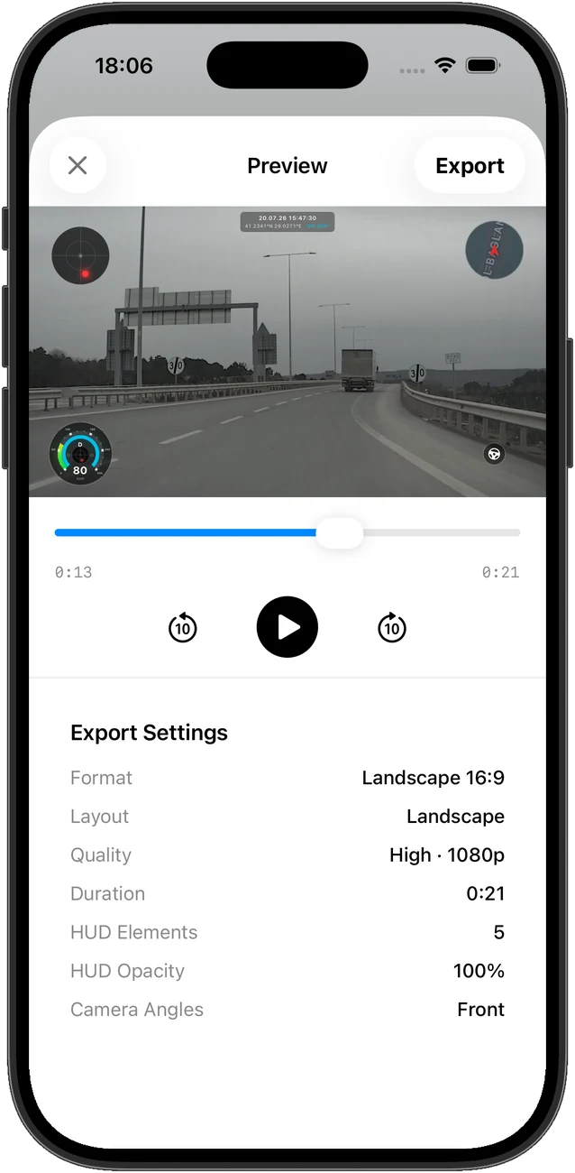 Export preview showing landscape 16:9 settings
