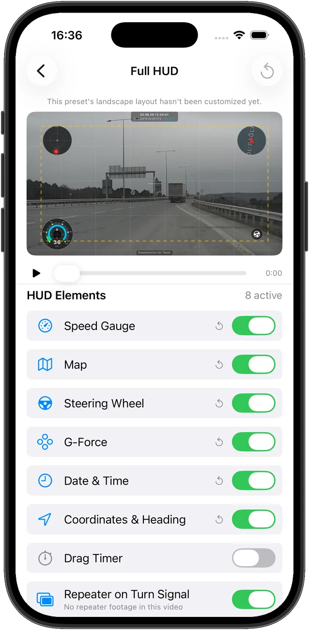 HUD element editor with toggles for each overlay element
